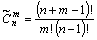 Число сочетаний c повторениями (n элементов, взятых по m, где элементы в наборе могут повторяться) вычисляется по формуле: