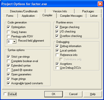 Рис. 12.3. Вкладка Compiler диалогового окна Project Options