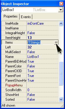 Для формирования списка во время создания формы надо в окне Object Inspector выбрать свойство items и щелкнуть на кнопке запуска редактора списка строк (рис. 2.10).