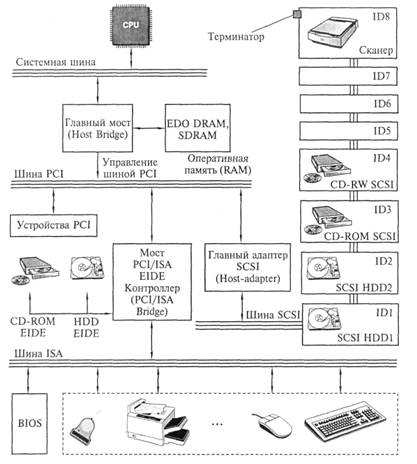 Шина SCSI с подключенными устройствами